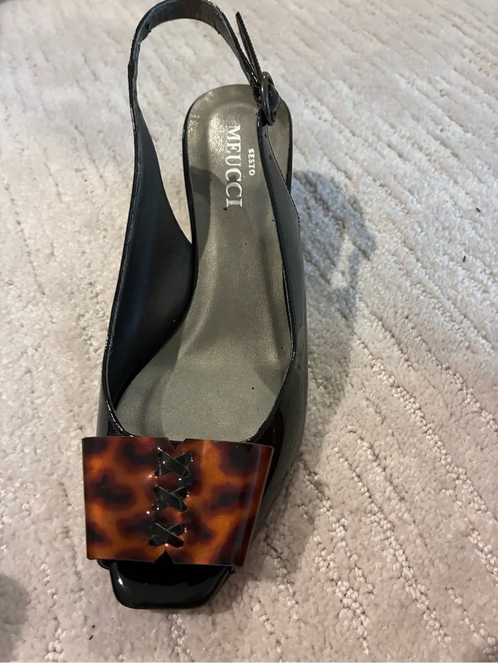 Sesto Meucci Black Patent Slingback Wedges with Tortoiseshell Wedge
